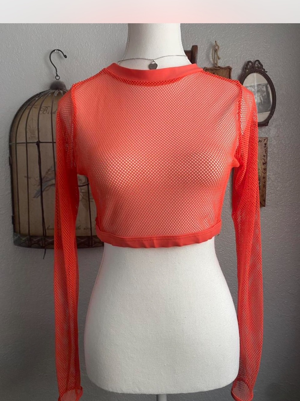 Missguided + Orange Mesh Long Sleeve Crop Top - Picture 1 of 4